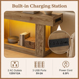 63" Console Table with LED Lights & Outlets, Farmhouse Entryway Table with Geometric Lattice Pattern, 2-Tier Narrow Sofa Table Behind Couch for Living Room, Hallway, Foyer