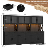 94.5" Wide Kitchen Pantry Cabinet with 3 Power Outlets & LED Light, 71" Tall Large Kitchen Hutch with Countertop, DIY Pegboard with 18 Hooks & 6 Drawers, Farmhouse Food Pantry