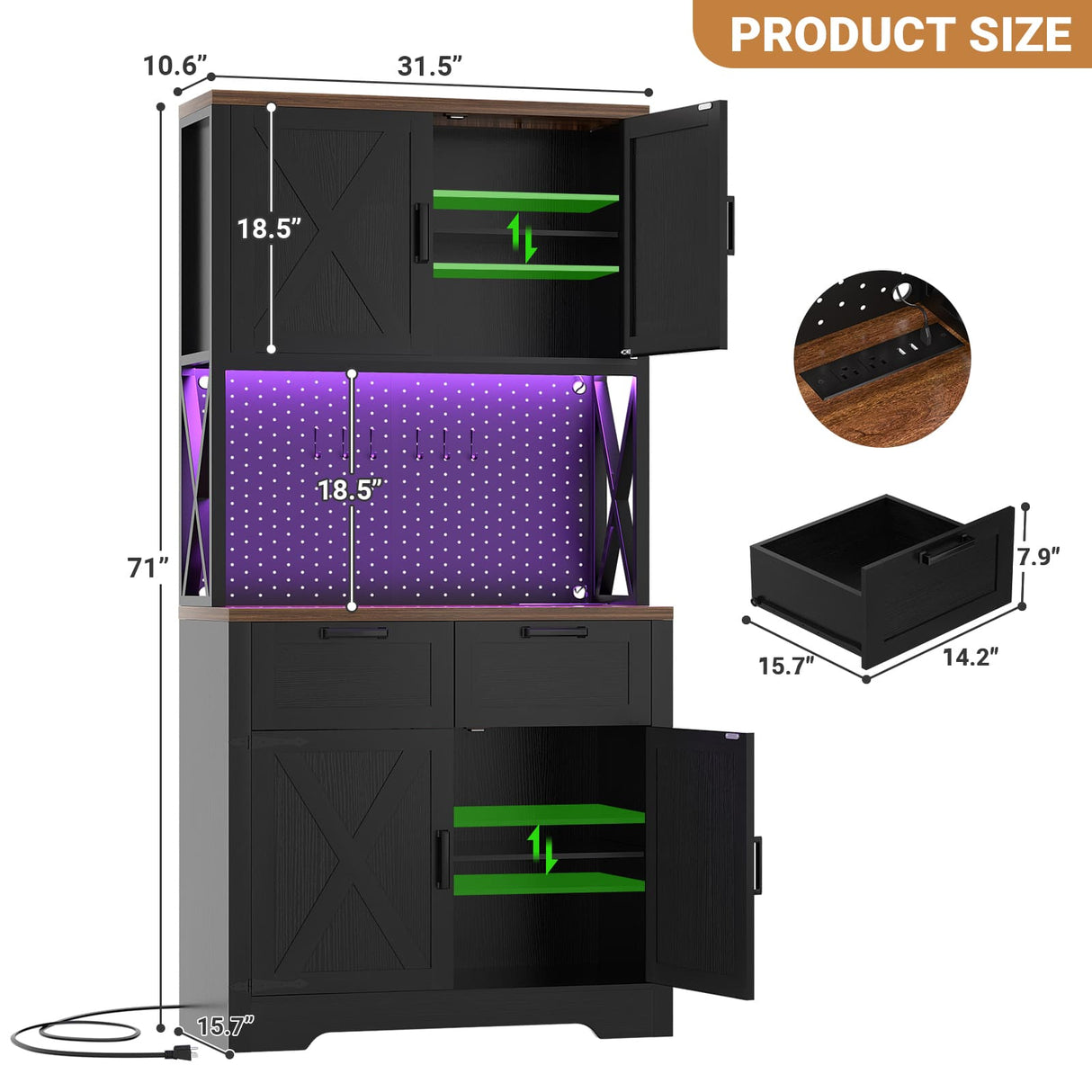 Pantry Cabinet with Microwave Countertop, 71" Tall Kitchen Pantry Storage Cabinet with Charging Station & LED Lights