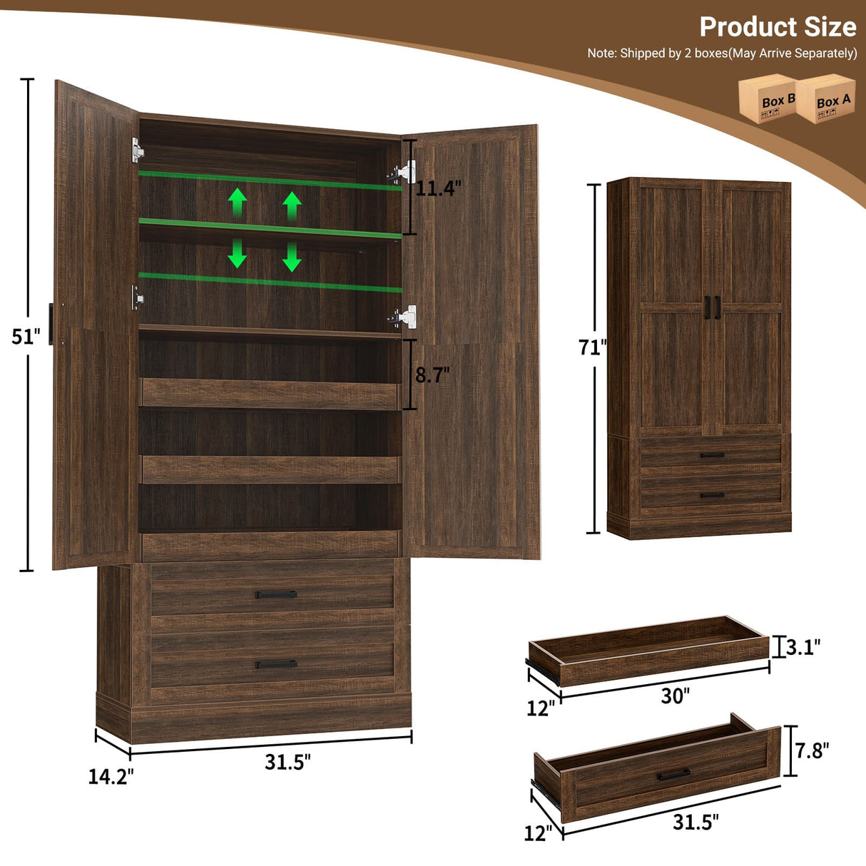 71" Tall Kitchen Pantry Cabinet with 3 Pull-Out Shelves & Drawers
