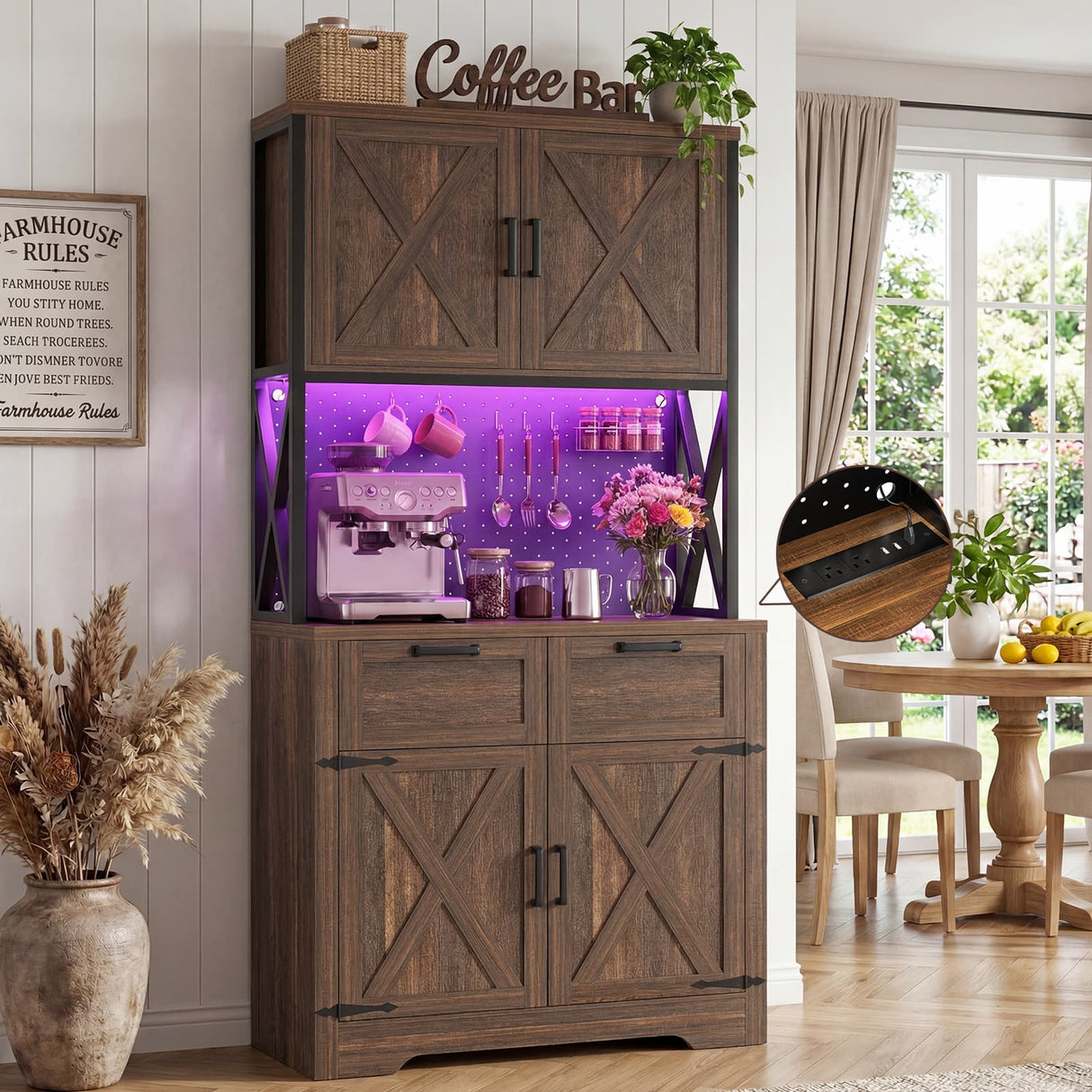 Pantry Cabinet with Microwave Countertop, 71" Tall Kitchen Pantry Storage Cabinet with Charging Station & LED Lights