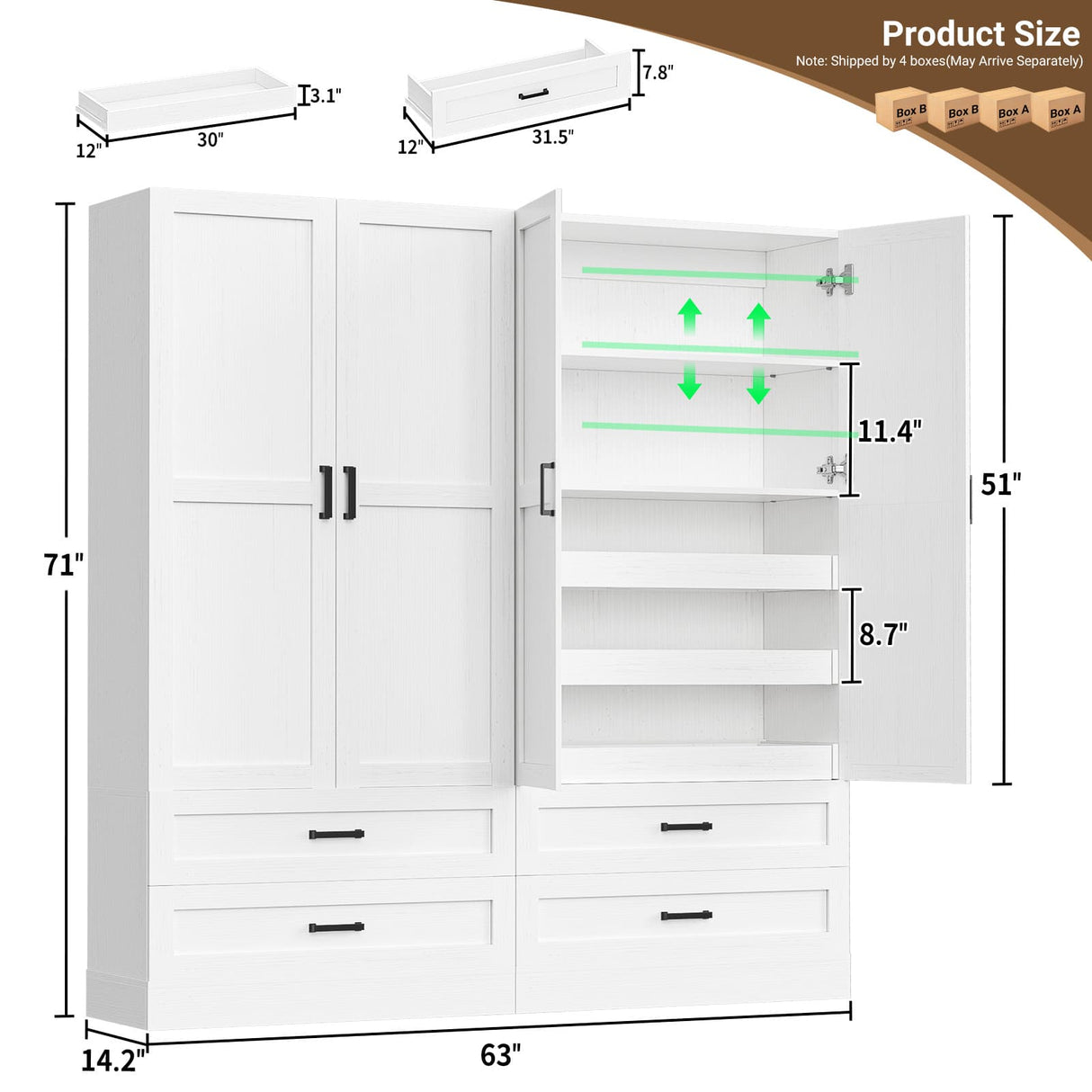 71" Tall Kitchen Pantry Cabinet with Pull-Out Shelves & 4 Drawers