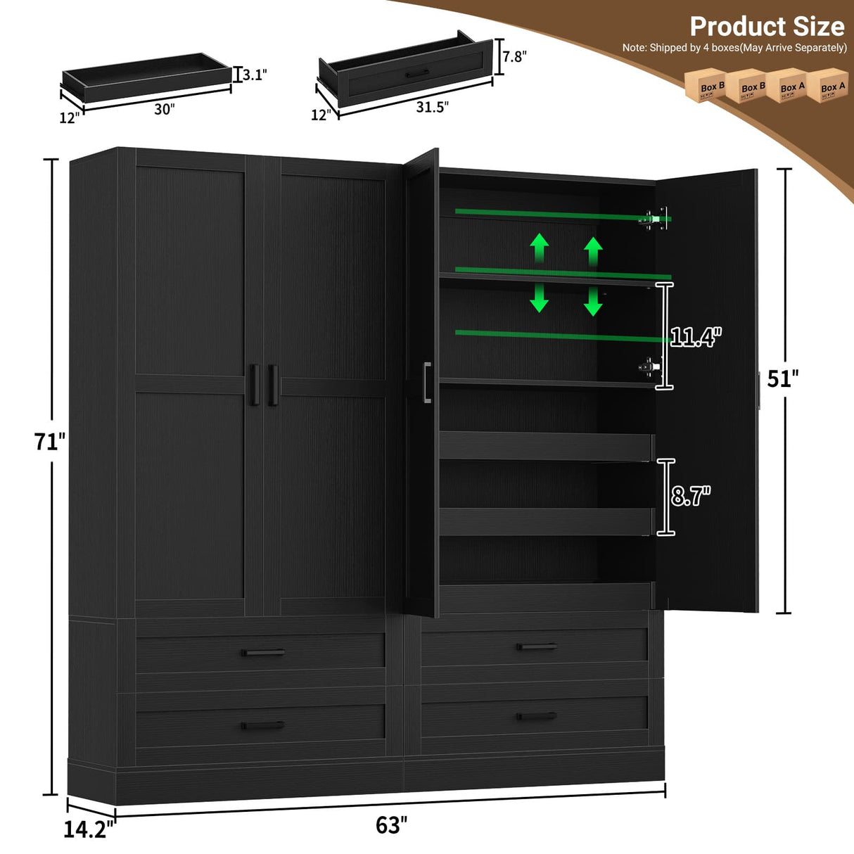 71" Tall Kitchen Pantry Cabinet with Pull-Out Shelves & 4 Drawers