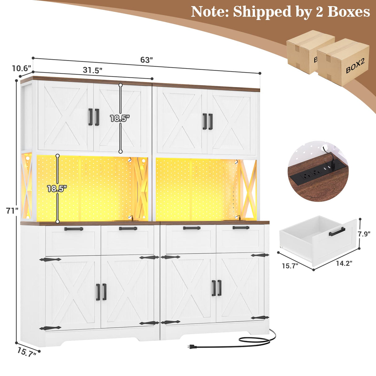 Pantry Cabinet with Microwave Countertop, 71" Tall Kitchen Pantry Storage Cabinet with Charging Station & LED Lights 2 PACK
