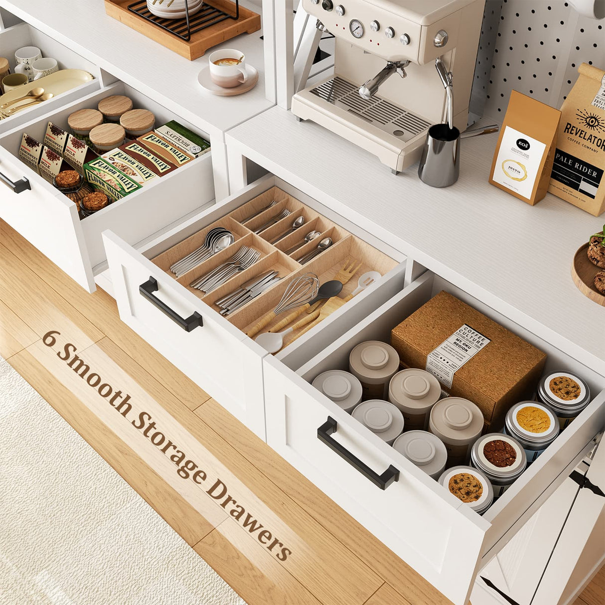 94.5" Wide Kitchen Pantry Cabinet with 3 Power Outlets & LED Light, 71" Tall Large Kitchen Hutch with Countertop, DIY Pegboard with 18 Hooks & 6 Drawers, Farmhouse Food Pantry