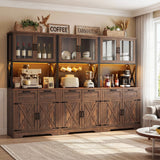 94.5" Wide Kitchen Pantry Cabinet with 3 Power Outlets & LED Light, 71" Tall Large Kitchen Hutch with Countertop, DIY Pegboard with 18 Hooks & 6 Drawers, Farmhouse Food Pantry
