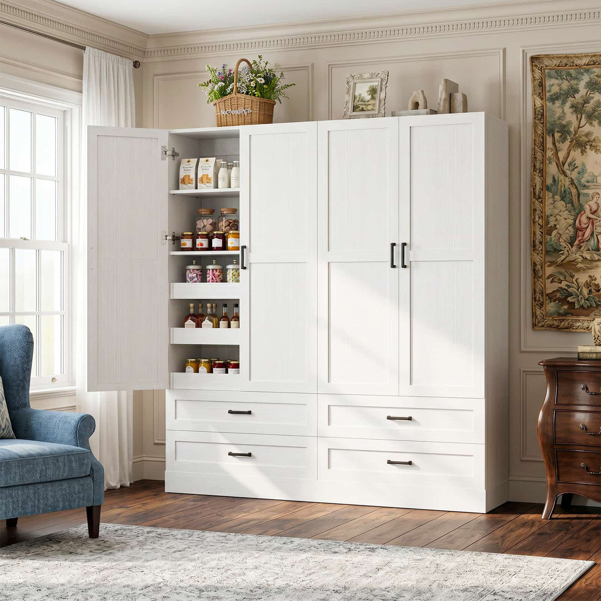 71" Tall Kitchen Pantry Cabinet with 3 Pull-Out Shelves & Drawers