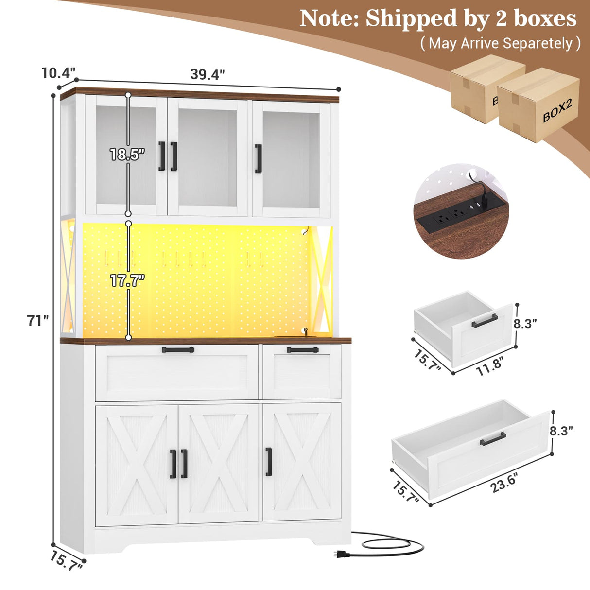 71" Tall Pantry Cabinet, Kitchen Pantry Storage Cabinet with Charging Station & LED Lights, Freestanding Microwave Stand Coffee Bar Hutch with Drawers & DIY Pegboard for Dining Room