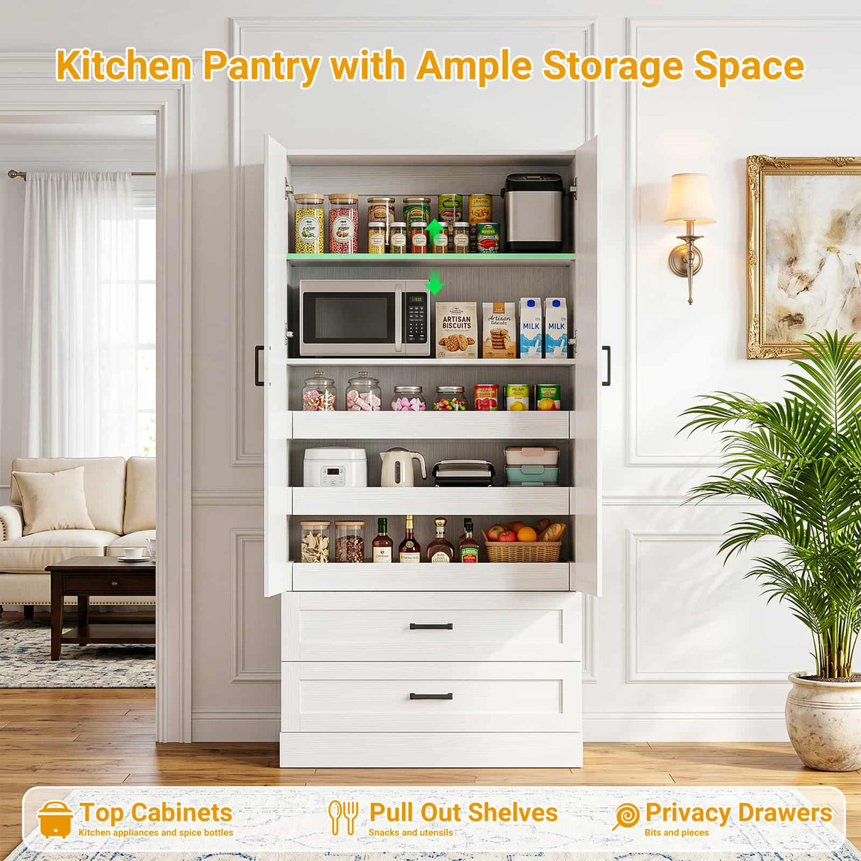 71" Tall Kitchen Pantry Cabinet with 3 Pull-Out Shelves & Drawers