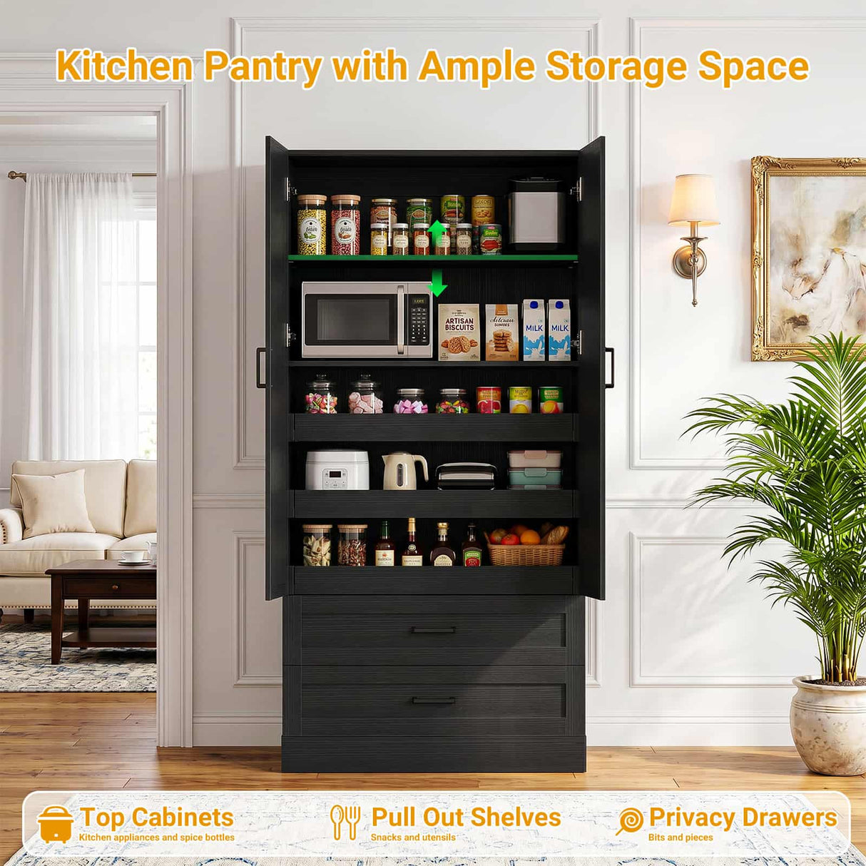 71" Tall Kitchen Pantry Cabinet with 3 Pull-Out Shelves & Drawers