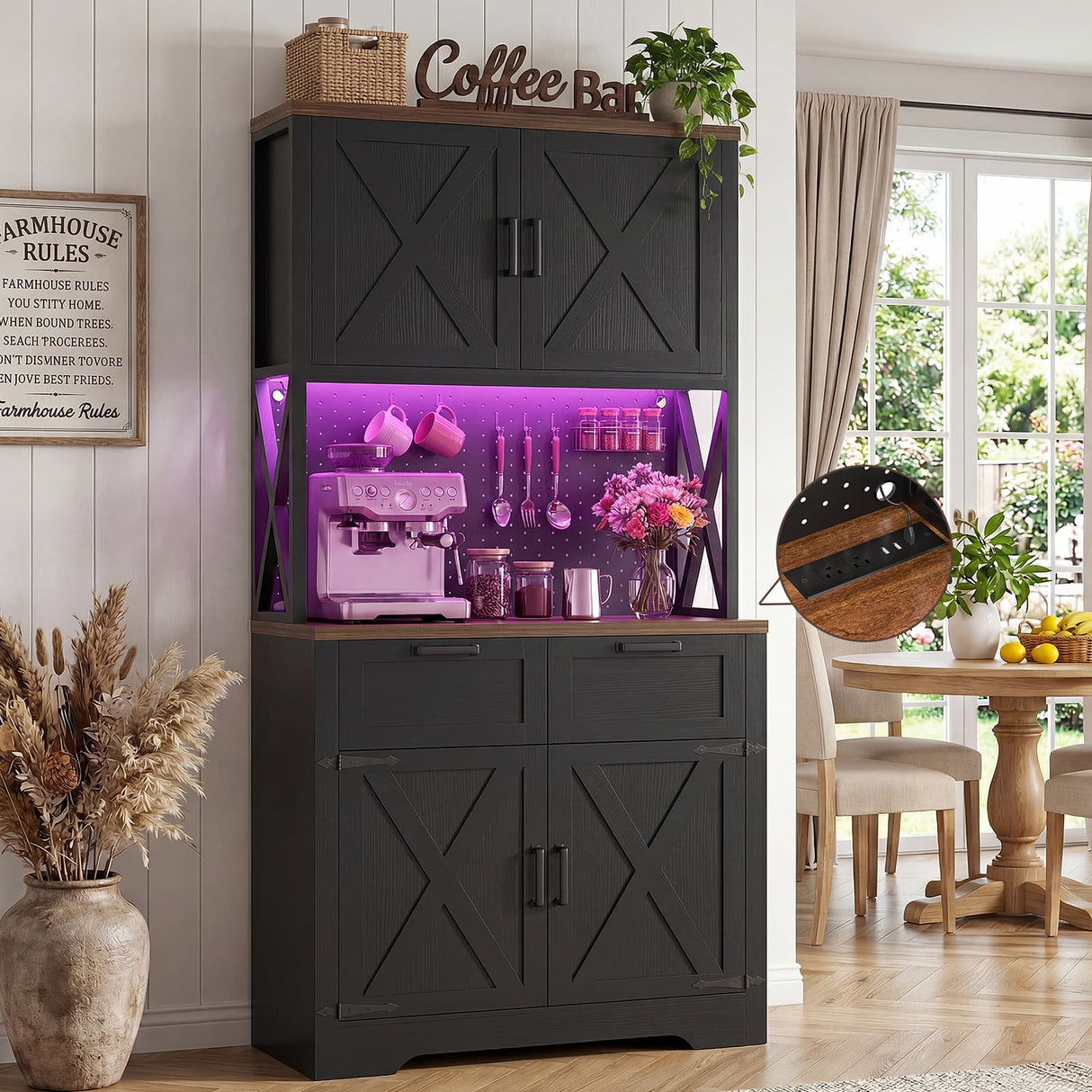 Pantry Cabinet with Microwave Countertop, 71" Tall Kitchen Pantry Storage Cabinet with Charging Station & LED Lights