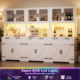 94.5" Wide Kitchen Pantry Cabinet with 3 Power Outlets & LED Light, 71" Tall Large Kitchen Hutch with Countertop, DIY Pegboard with 18 Hooks & 6 Drawers, Farmhouse Food Pantry