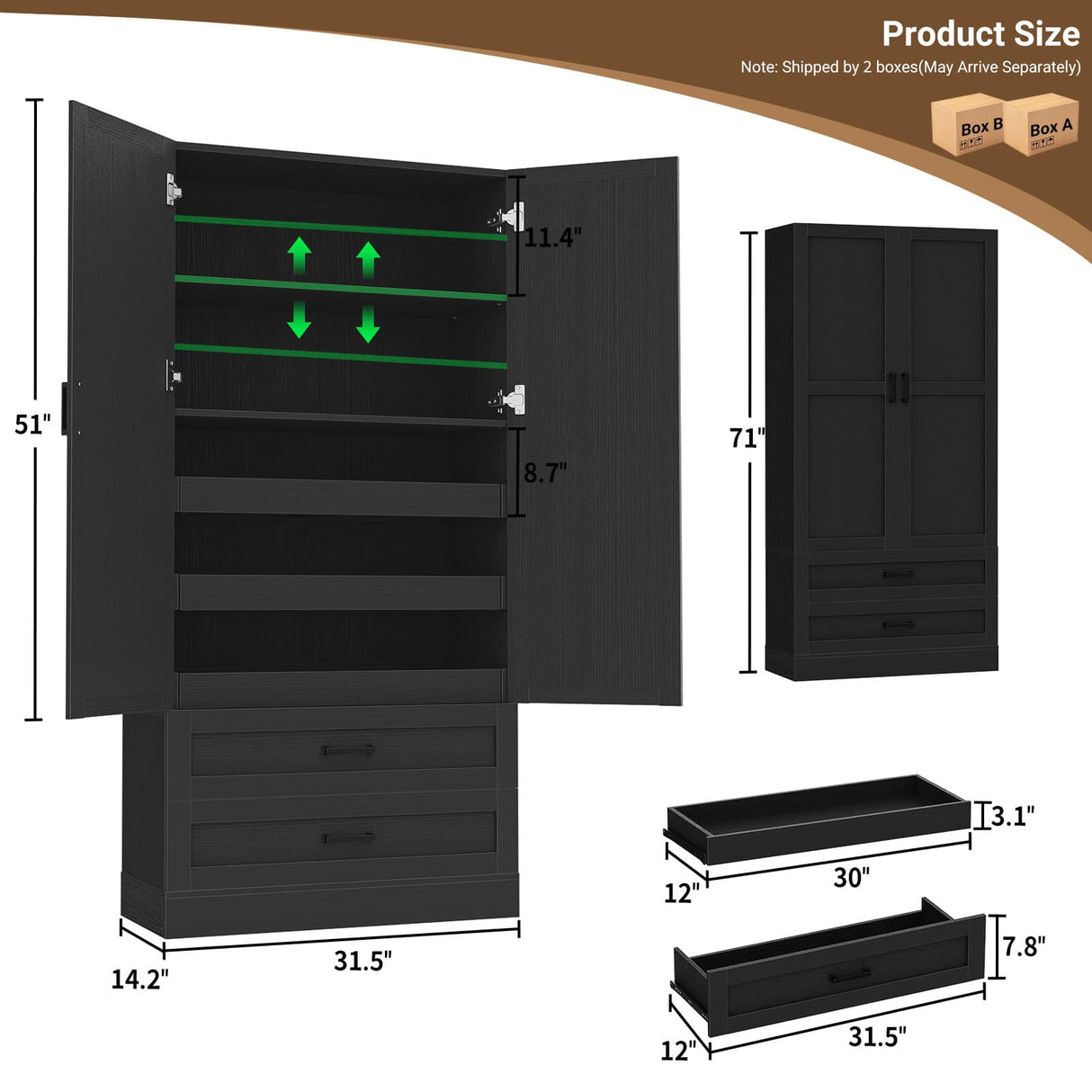 71" Tall Kitchen Pantry Cabinet with 3 Pull-Out Shelves & Drawers