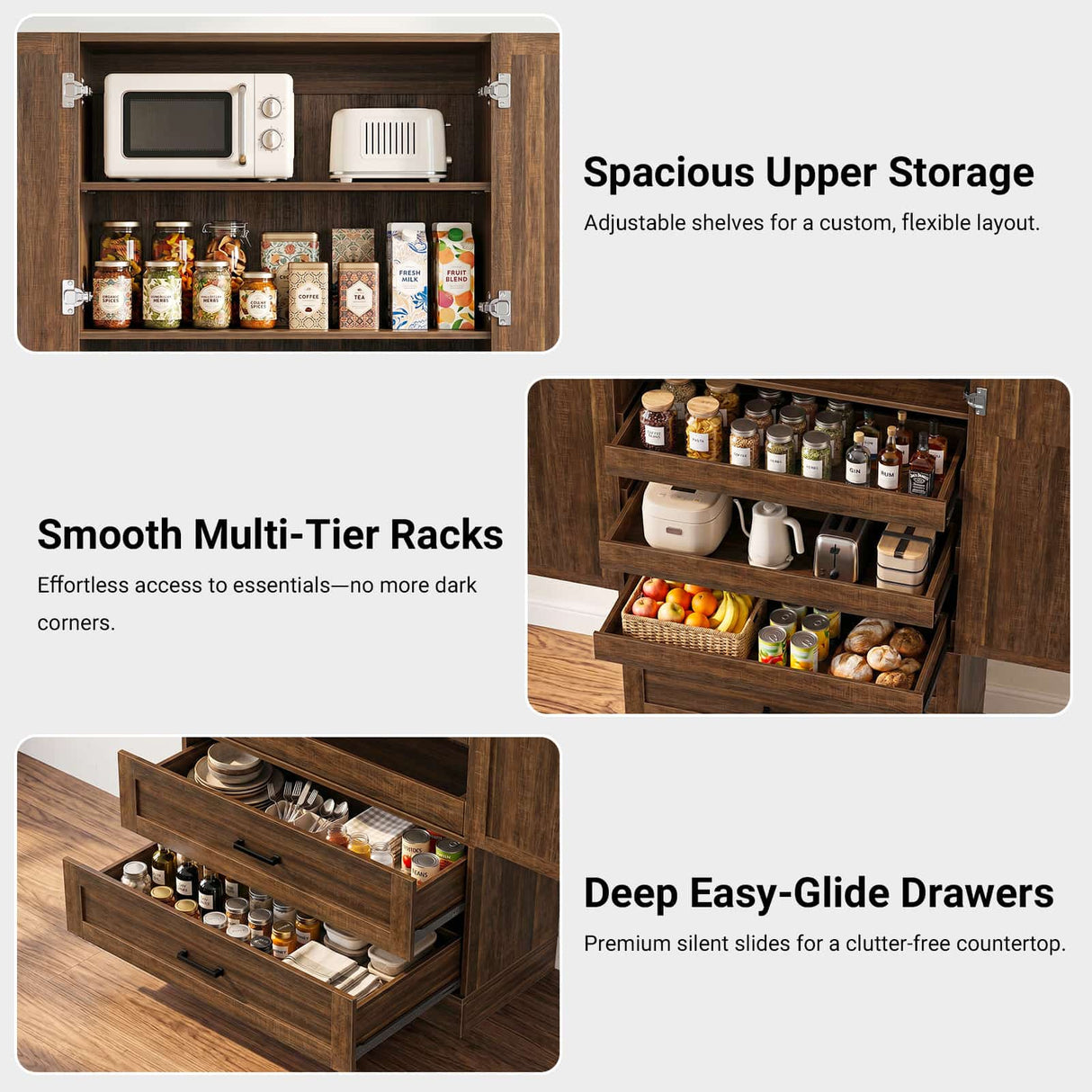 71" Tall Kitchen Pantry Cabinet with 3 Pull-Out Shelves & Drawers