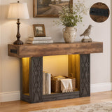 47" Console Table with LED Lights & Outlets, Farmhouse Entryway Table with Geometric Lattice Pattern, 2-Tier Narrow Sofa Table Behind Couch for Living Room, Hallway, Foyer