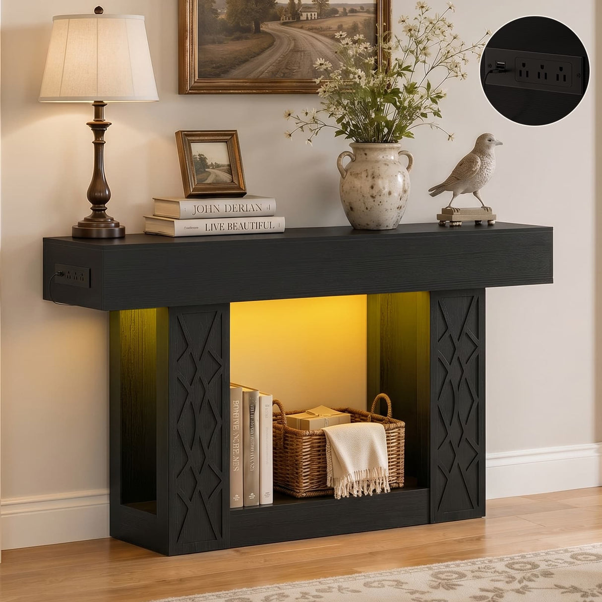47" Console Table with LED Lights & Outlets, Farmhouse Entryway Table with Geometric Lattice Pattern, 2-Tier Narrow Sofa Table Behind Couch for Living Room, Hallway, Foyer