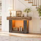 47" Console Table with LED Lights & Outlets, Farmhouse Entryway Table with Geometric Lattice Pattern, 2-Tier Narrow Sofa Table Behind Couch for Living Room, Hallway, Foyer