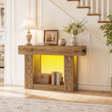 47" Console Table with LED Lights & Outlets, Farmhouse Entryway Table with Geometric Lattice Pattern, 2-Tier Narrow Sofa Table Behind Couch for Living Room, Hallway, Foyer