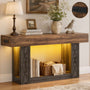 63" Console Table with LED Lights & Outlets, Farmhouse Entryway Table with Geometric Lattice Pattern, 2-Tier Narrow Sofa Table Behind Couch for Living Room, Hallway, Foyer