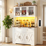 71" Tall Pantry Cabinet, Kitchen Pantry Storage Cabinet with Charging Station & LED Lights, Freestanding Microwave Stand Coffee Bar Hutch with Drawers & DIY Pegboard for Dining Room