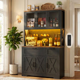 71" Tall Pantry Cabinet, Kitchen Pantry Storage Cabinet with Charging Station & LED Lights, Freestanding Microwave Stand Coffee Bar Hutch with Drawers & DIY Pegboard for Dining Room