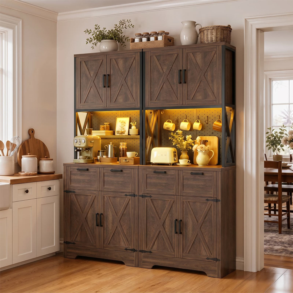 Pantry Cabinet with Microwave Countertop, 71" Tall Kitchen Pantry Storage Cabinet with Charging Station & LED Lights 2 PACK