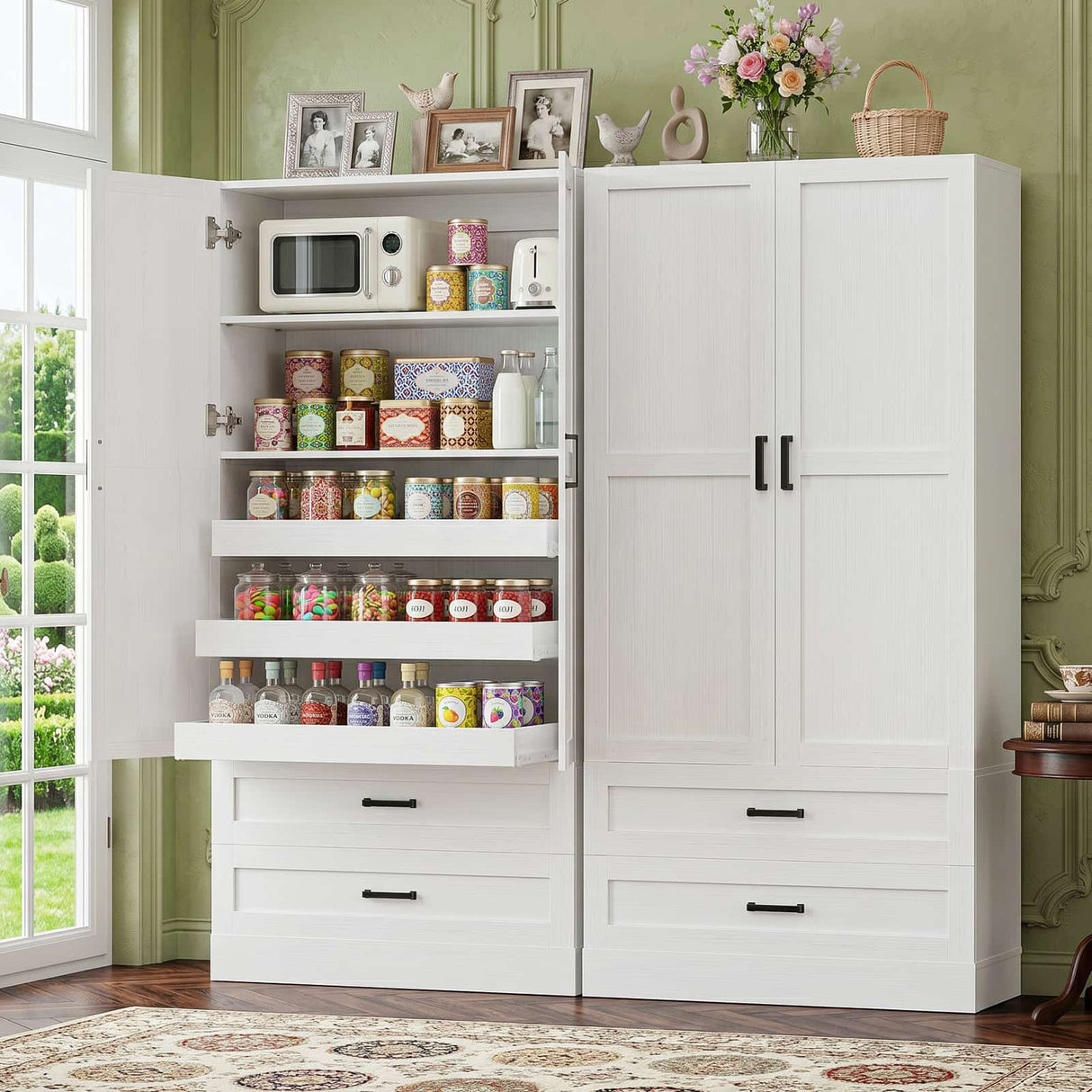 71" Tall Kitchen Pantry Cabinet with Pull-Out Shelves & 4 Drawers