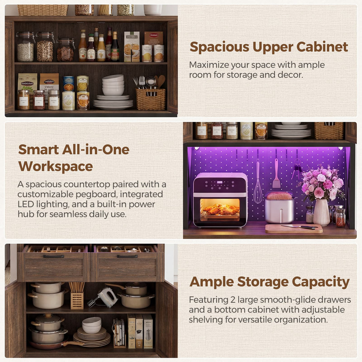 Pantry Cabinet with Microwave Countertop, 71" Tall Kitchen Pantry Storage Cabinet with Charging Station & LED Lights
