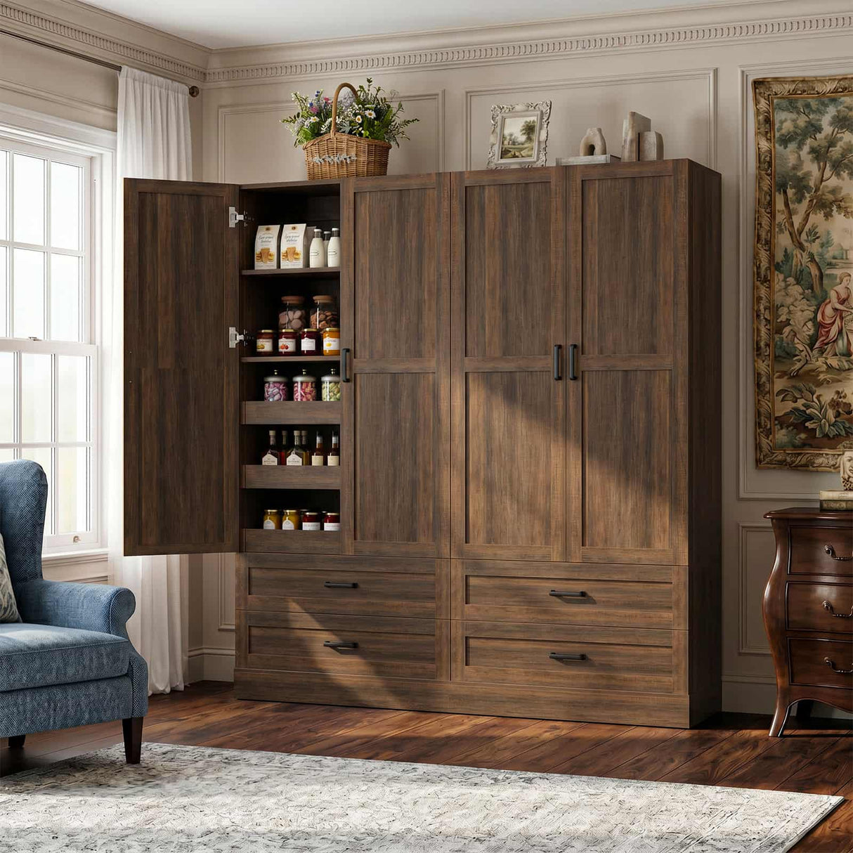 71" Tall Kitchen Pantry Cabinet with 3 Pull-Out Shelves & Drawers