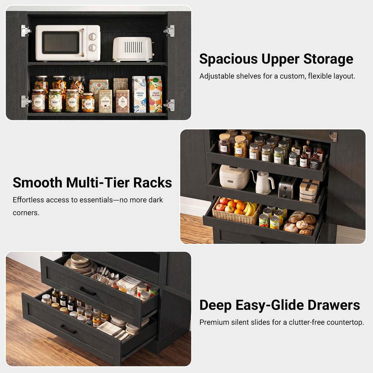 71" Tall Kitchen Pantry Cabinet with 3 Pull-Out Shelves & Drawers