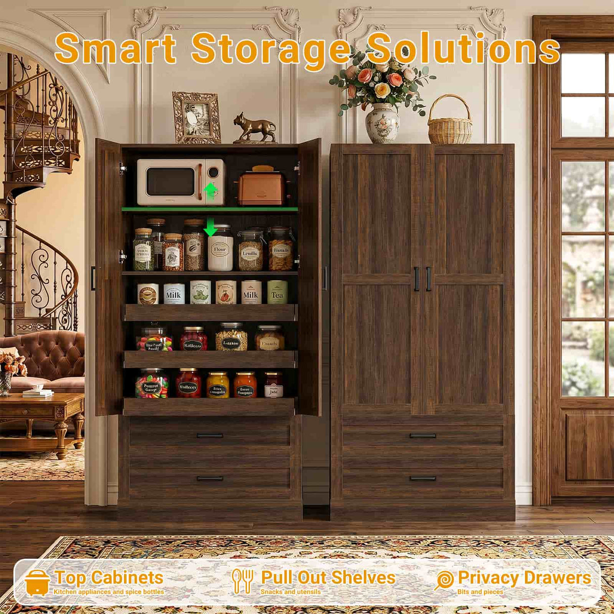 71" Tall Kitchen Pantry Cabinet with Pull-Out Shelves & 4 Drawers
