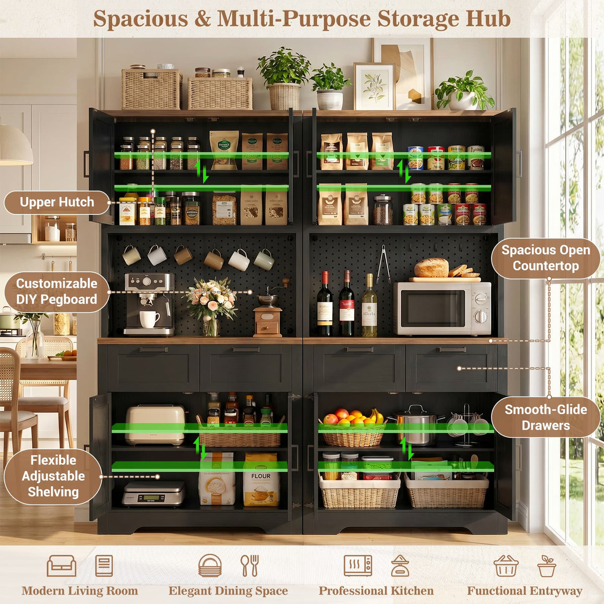Pantry Cabinet with Microwave Countertop, 71" Tall Kitchen Pantry Storage Cabinet with Charging Station & LED Lights 2 PACK
