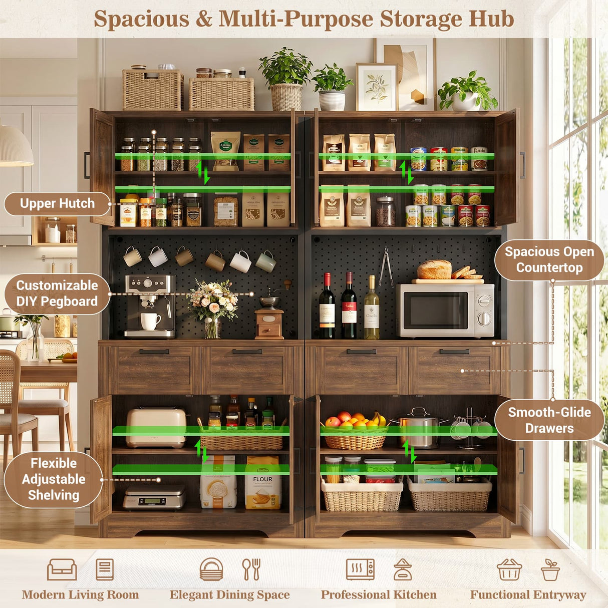 Pantry Cabinet with Microwave Countertop, 71" Tall Kitchen Pantry Storage Cabinet with Charging Station & LED Lights 2 PACK
