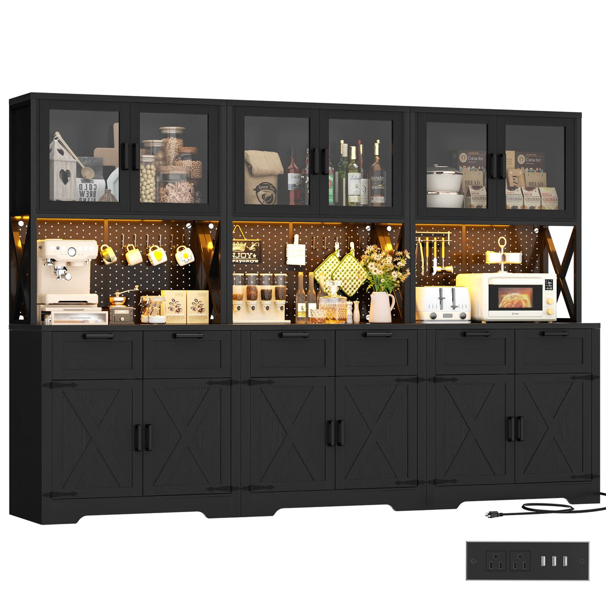 94.5" Wide Kitchen Pantry Cabinet with 3 Power Outlets & LED Light, 71" Tall Large Kitchen Hutch with Countertop, DIY Pegboard with 18 Hooks & 6 Drawers, Farmhouse Food Pantry