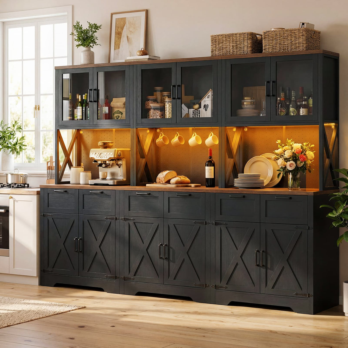 94.5" Wide Kitchen Pantry Cabinet with 3 Power Outlets & LED Light, 71" Tall Large Kitchen Hutch with Countertop, DIY Pegboard with 18 Hooks & 6 Drawers, Farmhouse Food Pantry