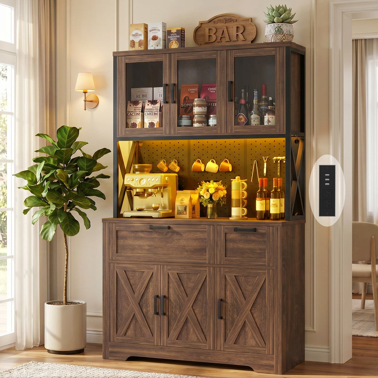 71" Tall Pantry Cabinet, Kitchen Pantry Storage Cabinet with Charging Station & LED Lights, Freestanding Microwave Stand Coffee Bar Hutch with Drawers & DIY Pegboard for Dining Room