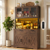 71" Tall Pantry Cabinet, Kitchen Pantry Storage Cabinet with Charging Station & LED Lights, Freestanding Microwave Stand Coffee Bar Hutch with Drawers & DIY Pegboard for Dining Room