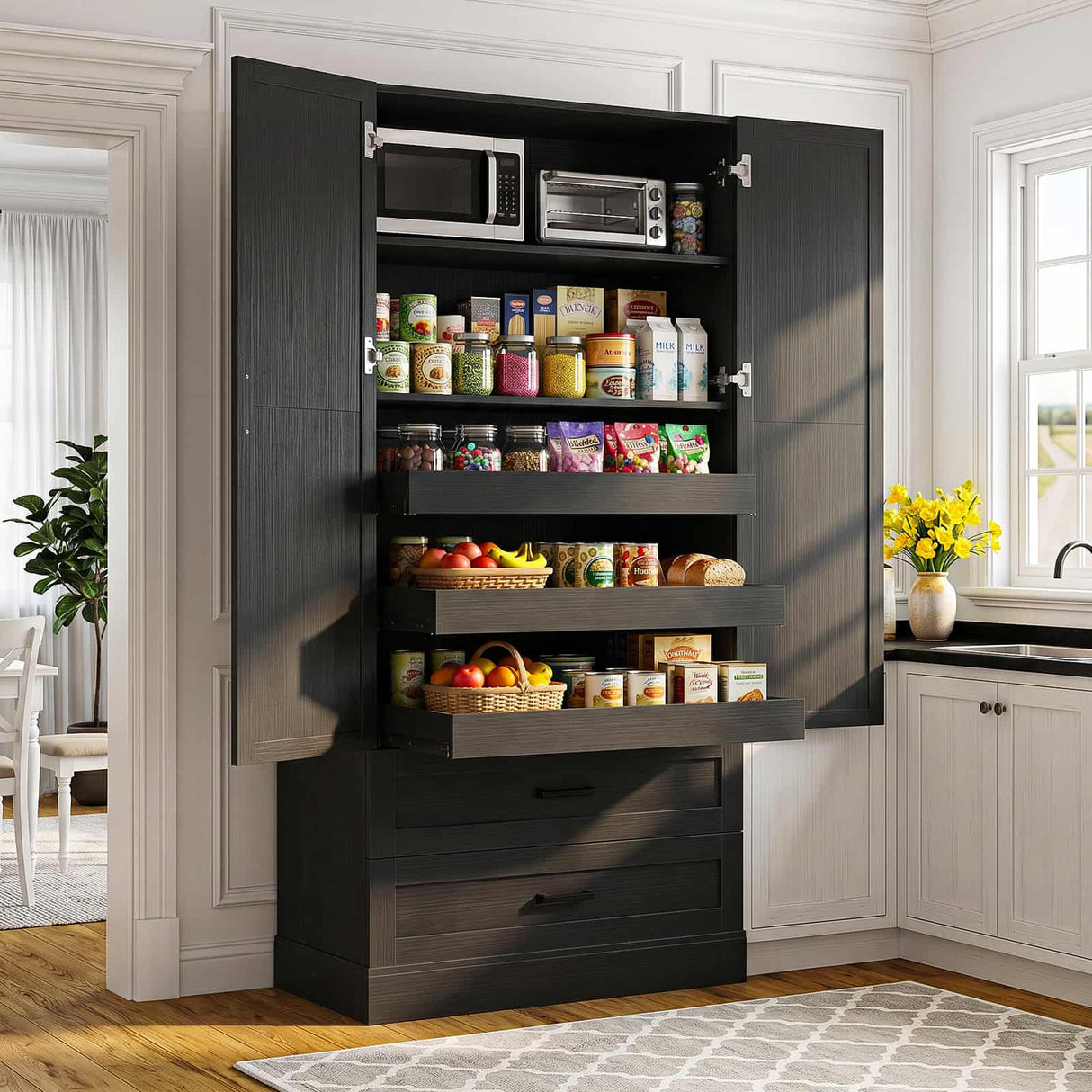 71" Tall Kitchen Pantry Cabinet with 3 Pull-Out Shelves & Drawers