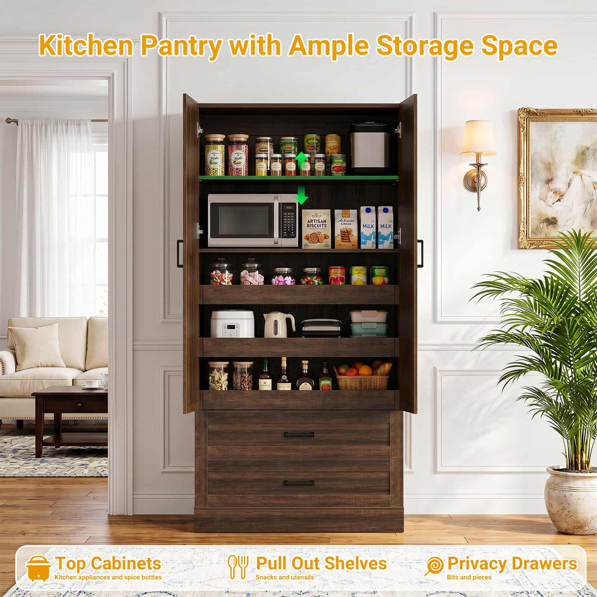71" Tall Kitchen Pantry Cabinet with 3 Pull-Out Shelves & Drawers