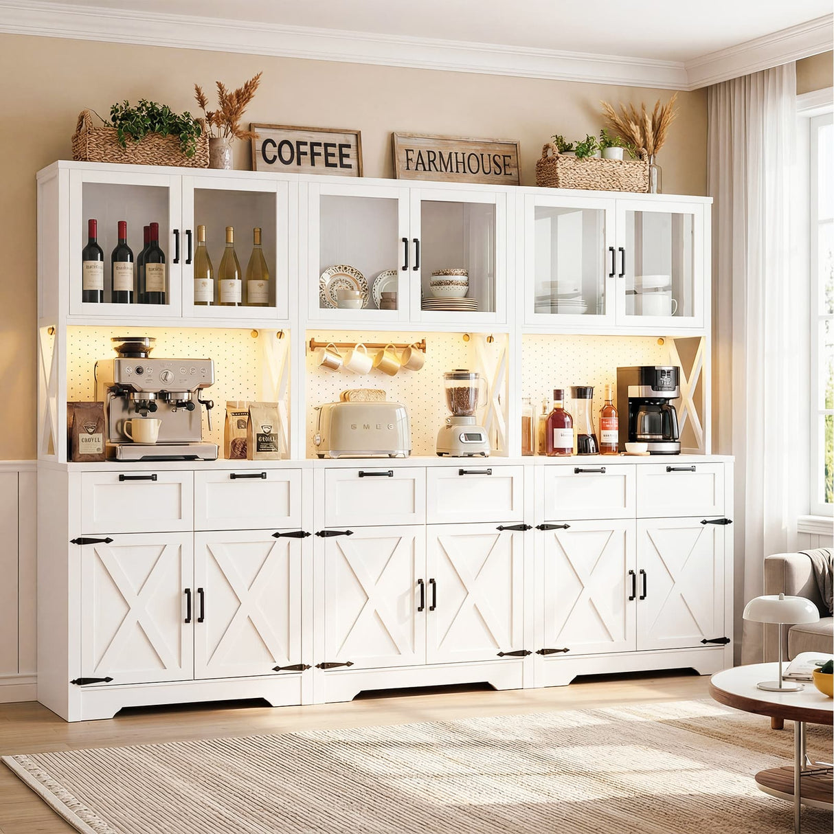 94.5" Wide Kitchen Pantry Cabinet with 3 Power Outlets & LED Light, 71" Tall Large Kitchen Hutch with Countertop, DIY Pegboard with 18 Hooks & 6 Drawers, Farmhouse Food Pantry