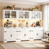 94.5" Wide Kitchen Pantry Cabinet with 3 Power Outlets & LED Light, 71" Tall Large Kitchen Hutch with Countertop, DIY Pegboard with 18 Hooks & 6 Drawers, Farmhouse Food Pantry