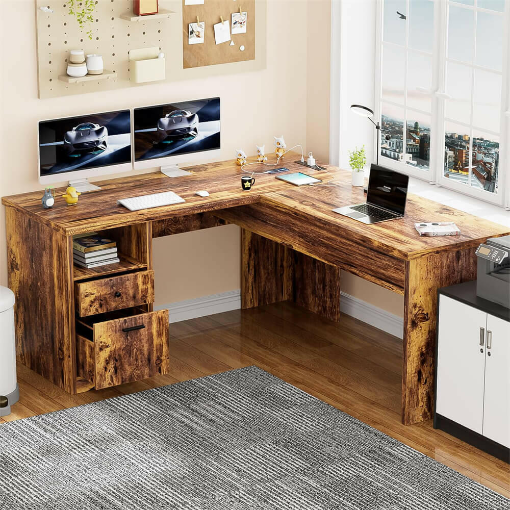Unikito Lift Top L Shaped Desk with Drawer, Large Office Desk with Power Outlets and USB Charging Ports, Sturdy Corner Computer Desk Writing Table with Storage, L Shape Standing Desk
