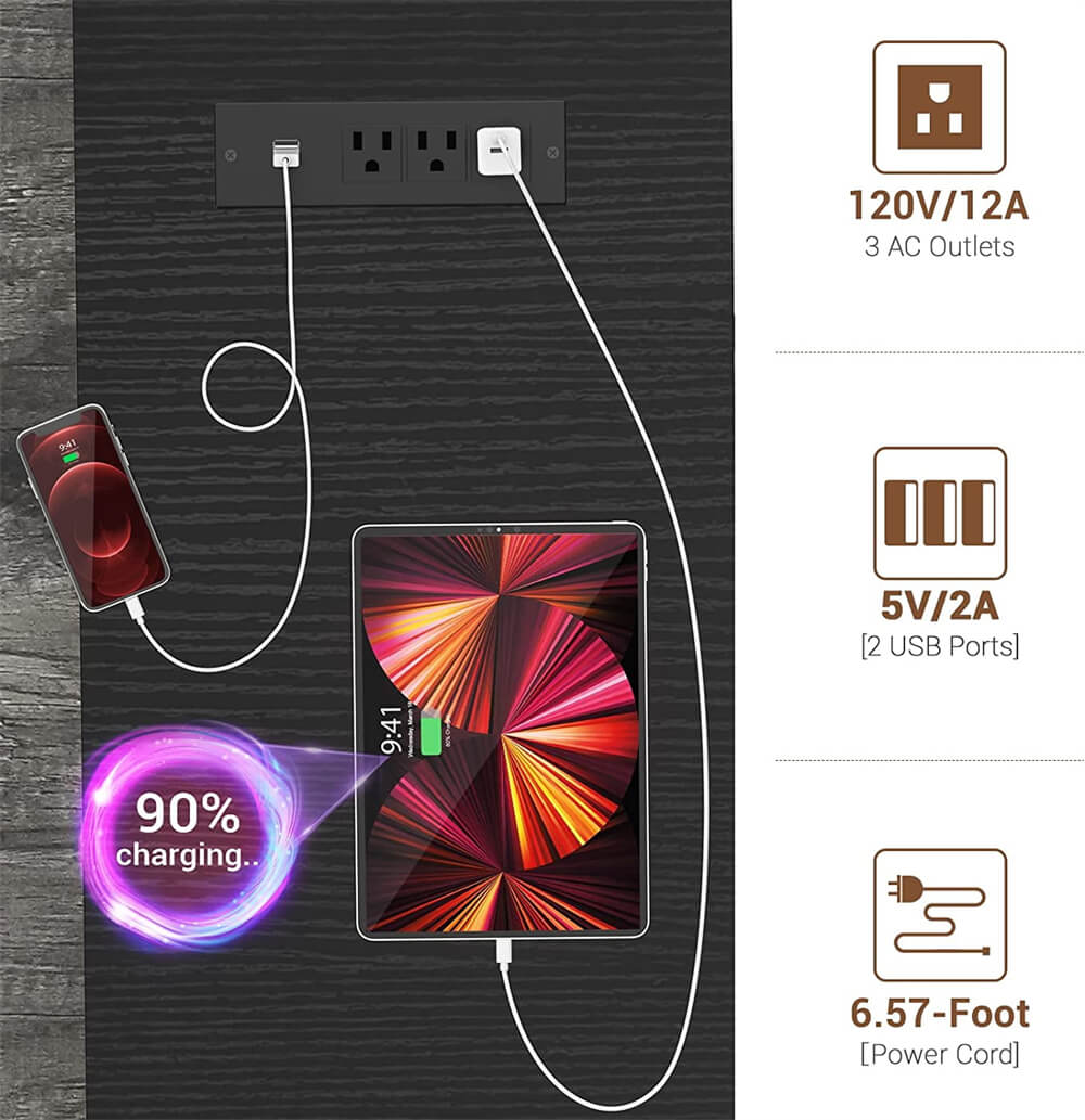 Scrivania A L Unikito Con Prese E Luci LED RGB – Tavolo Angolare Reversibile 55 Pollici Con Supporto Per Monitor E Ripiani A Griglia