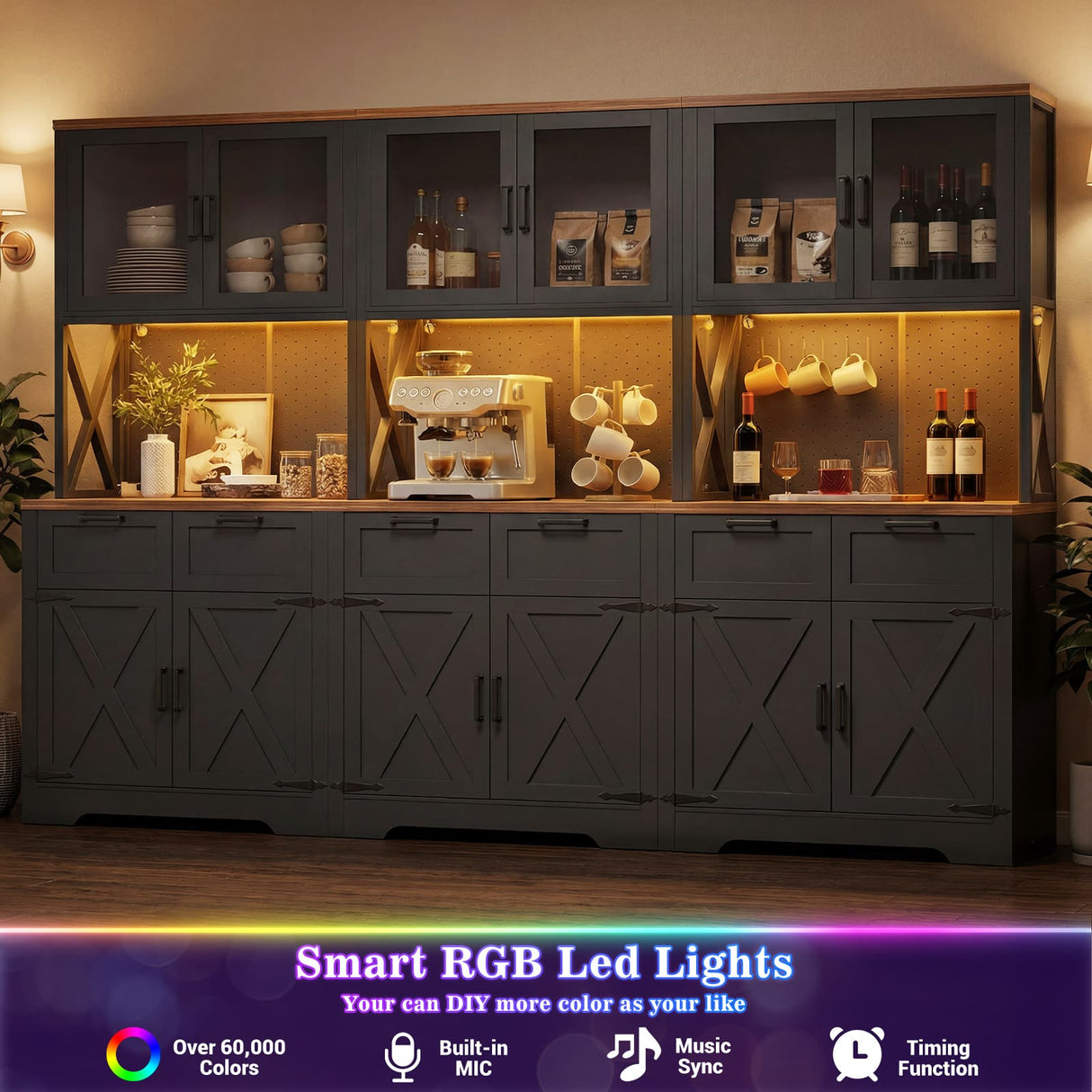 94.5" Wide Kitchen Pantry Cabinet with 3 Power Outlets & LED Light, 71" Tall Large Kitchen Hutch with Countertop, DIY Pegboard with 18 Hooks & 6 Drawers, Farmhouse Food Pantry