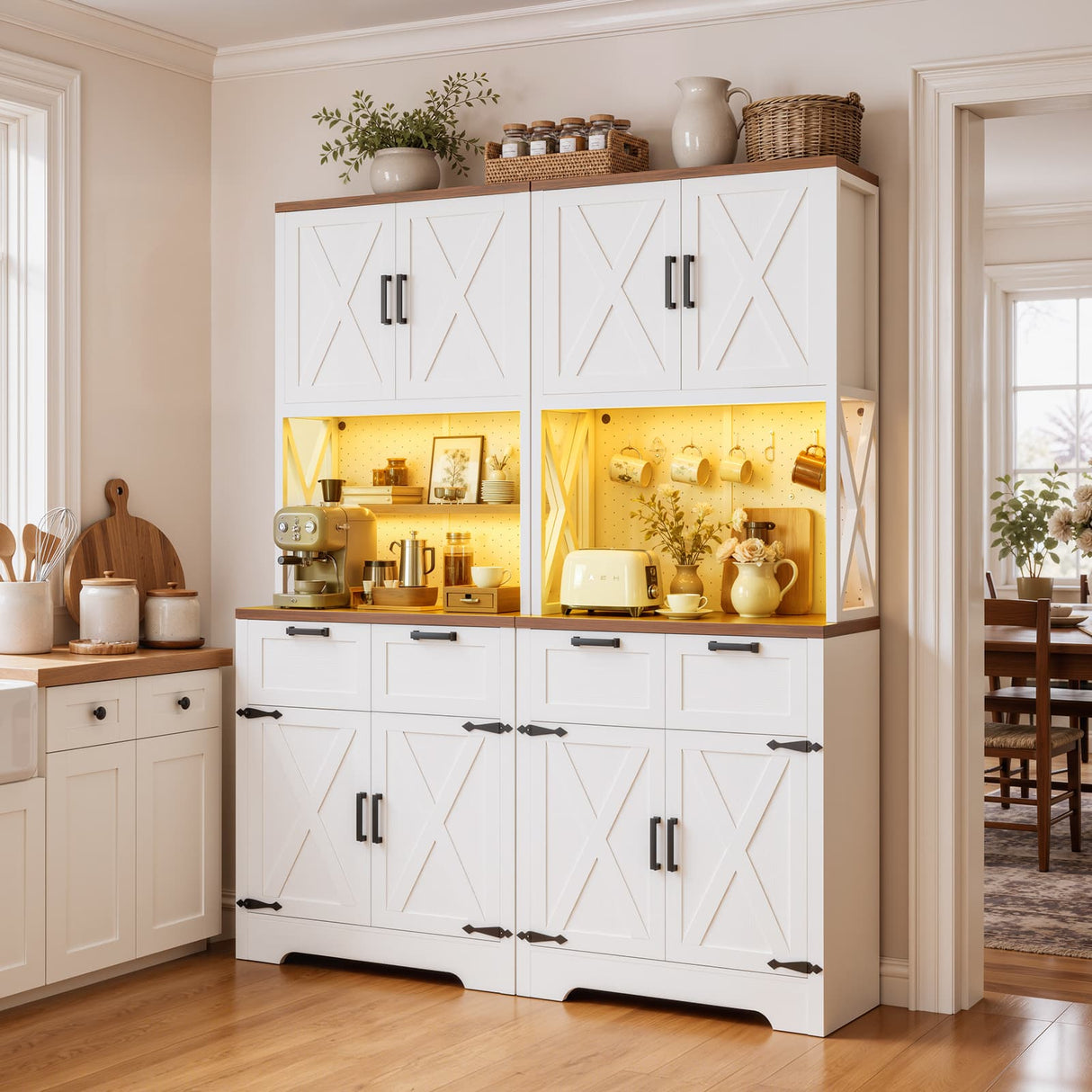 Pantry Cabinet with Microwave Countertop, 71" Tall Kitchen Pantry Storage Cabinet with Charging Station & LED Lights 2 PACK