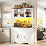 71" Tall Pantry Cabinet, Kitchen Pantry Storage Cabinet with Charging Station & LED Lights, Freestanding Microwave Stand Coffee Bar Hutch with Drawers & DIY Pegboard for Dining Room