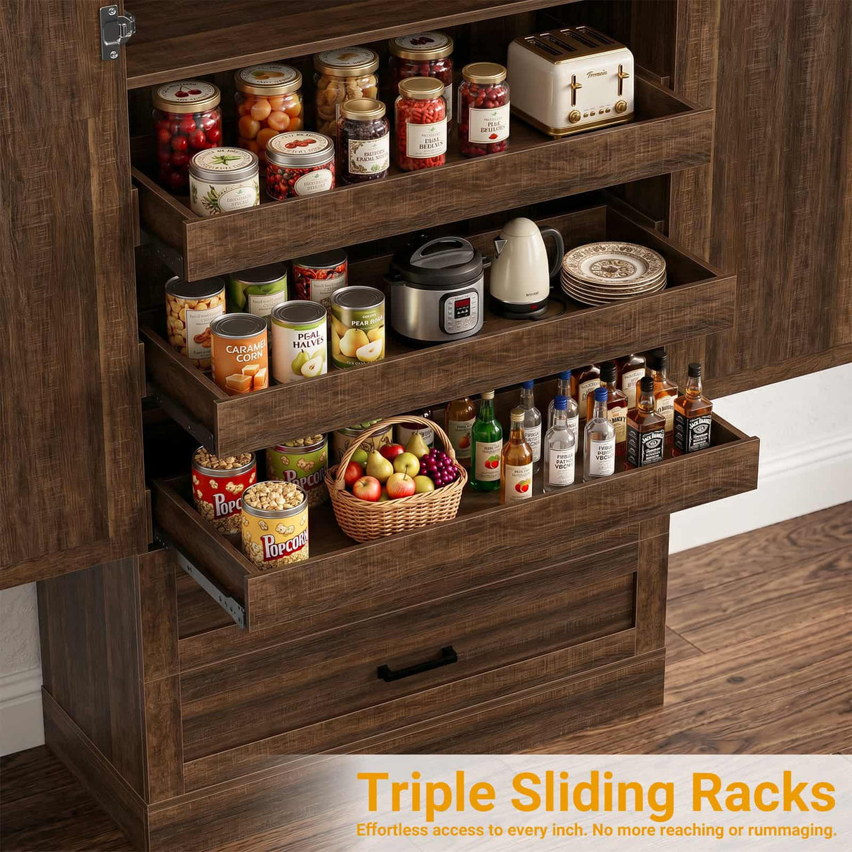 71" Tall Kitchen Pantry Cabinet with 3 Pull-Out Shelves & Drawers