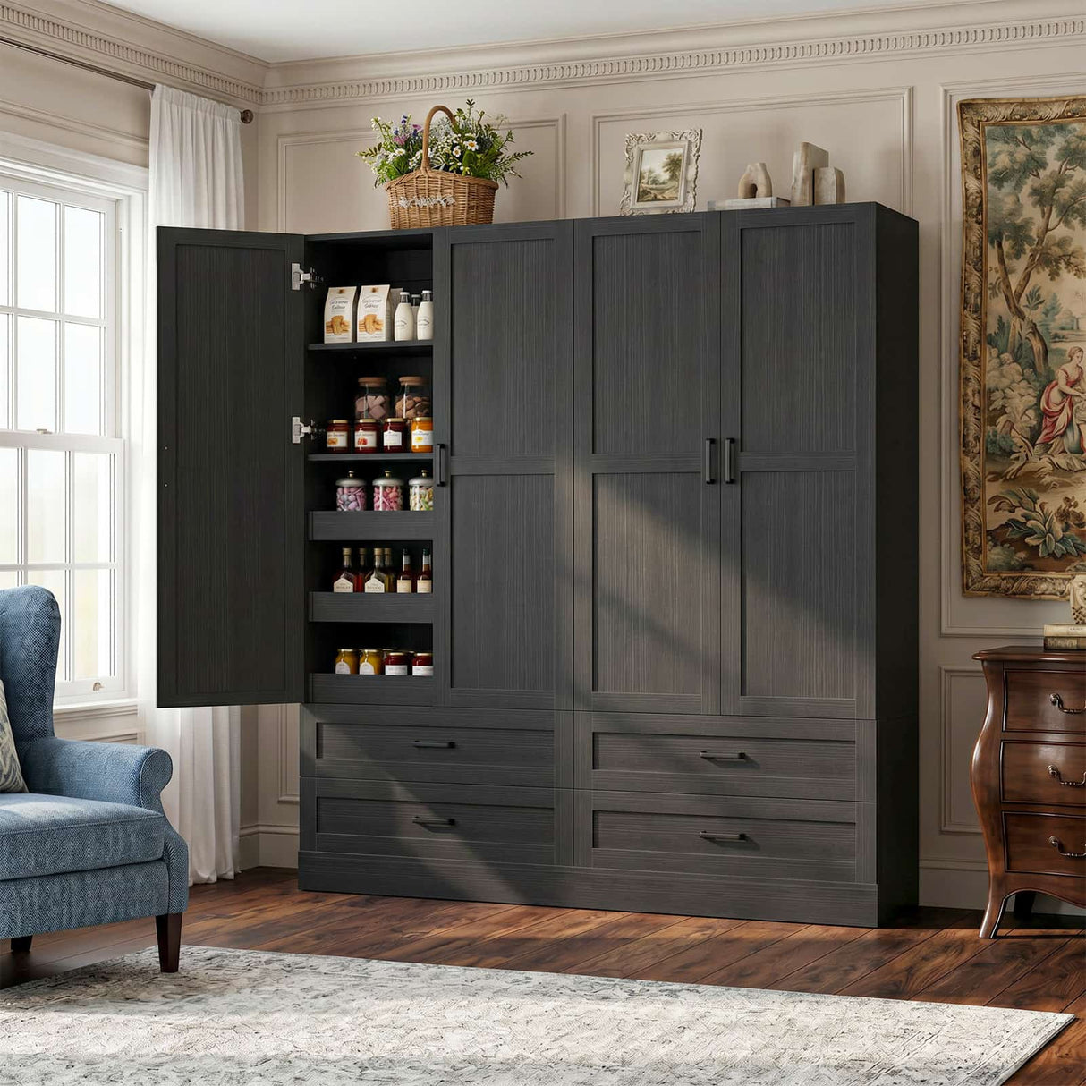 71" Tall Kitchen Pantry Cabinet with 3 Pull-Out Shelves & Drawers