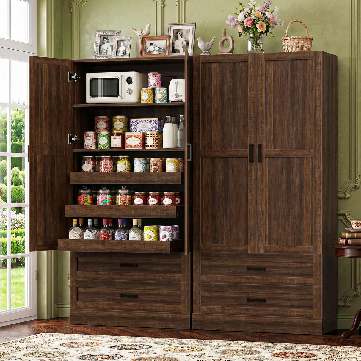 71" Tall Kitchen Pantry Cabinet with Pull-Out Shelves & 4 Drawers