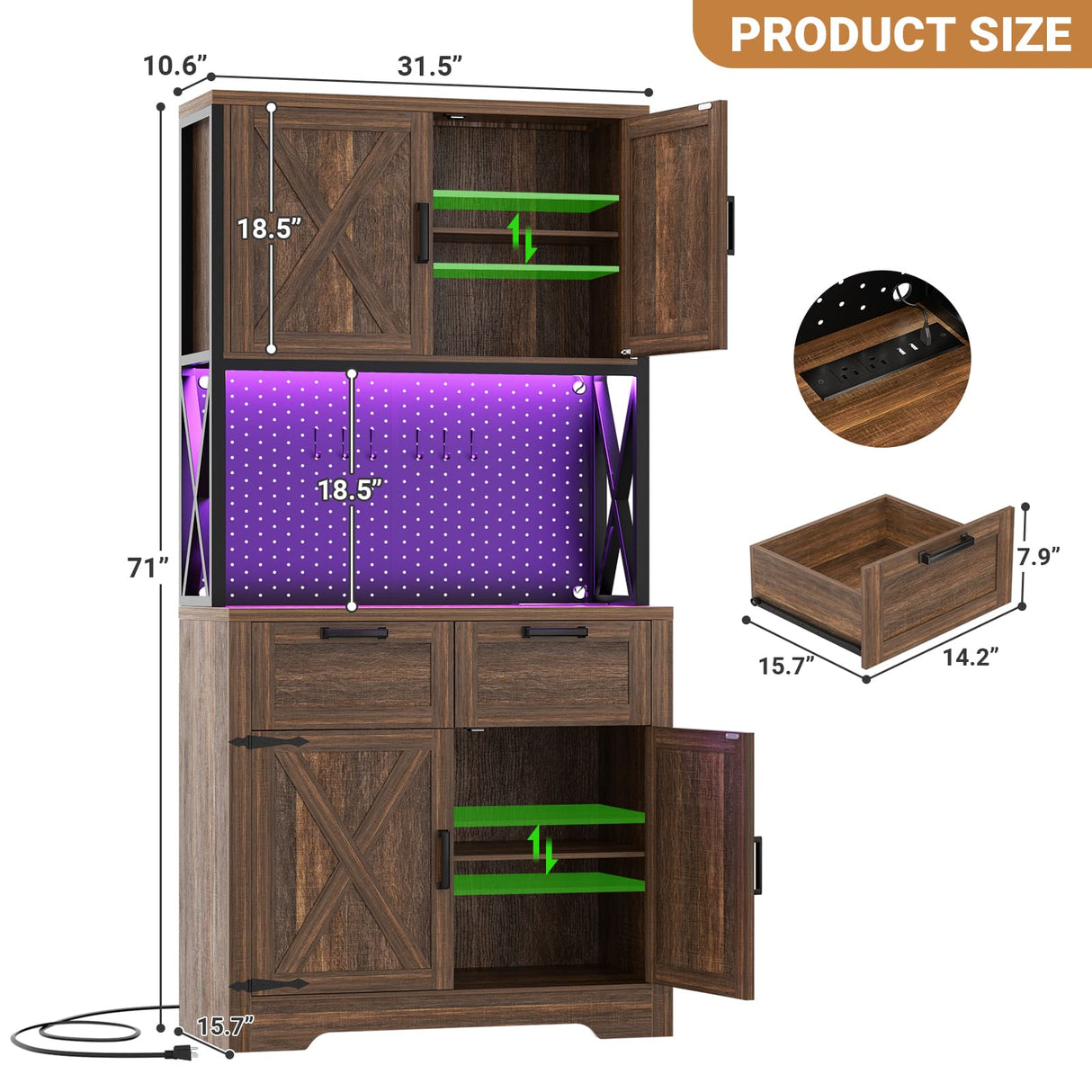 Pantry Cabinet with Microwave Countertop, 71" Tall Kitchen Pantry Storage Cabinet with Charging Station & LED Lights